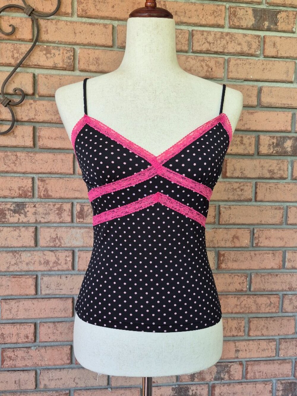 Black Polka Dot with Pink Lace Trim Cami Top sz S